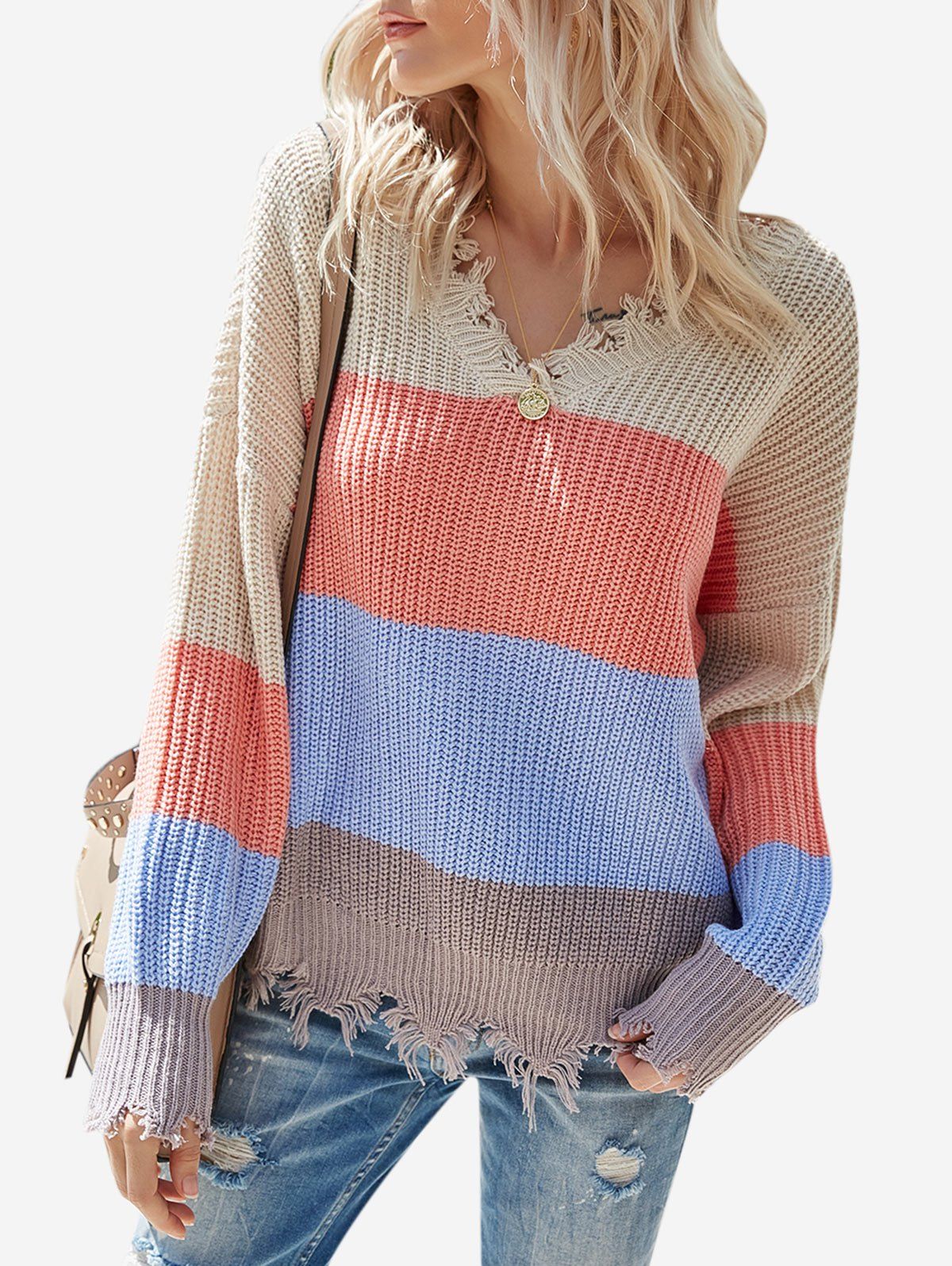 Colorblock V Neck Distressed Sweater - multicolor L