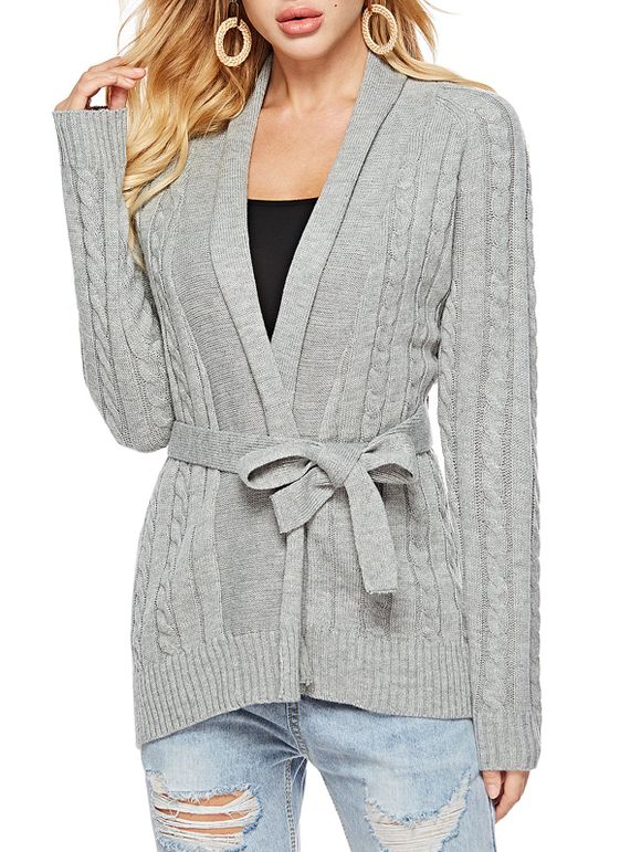 Shawl Collar Belted Cable Knit Cardigan - GRAY XL