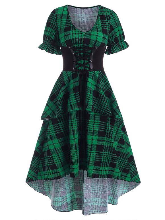 Vintage Plaid Corset Style Lace Up Layered High Low Dress - DEEP GREEN S