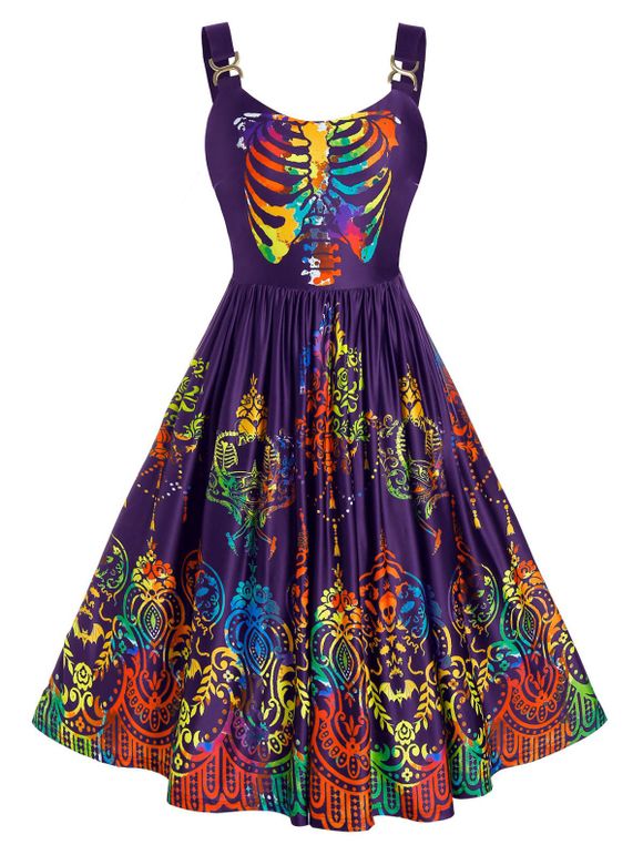 Robe d'Halloween Ligne A Crâne Colorée de Grande Taille - Iris Pourpre 5X