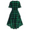 Checked Lace Up Corset Waist Poet Sleeve Layered Dress - DEEP GREEN S