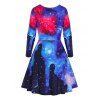 Galaxy Print Long Sleeve Flare Dress - multicolor A 3XL