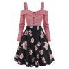 Robe Boutonnée à Imprimé Fleur à Epaule Dénudée - Noir 3XL