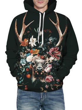 Floral Cattle Graphic Front Pocket Drawstring Hoodie