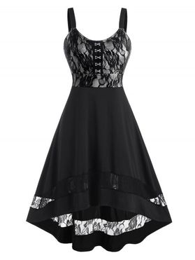 Corset Style High Low Gothic Midi Dress Flower Lace Panel Hook and Eye Cami Party Dress