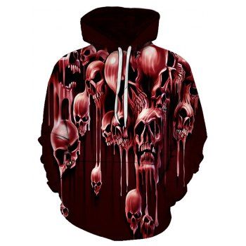 

Halloween Liquid Skull Pattern Front Pocket Drawstring Hoodie, Red wine