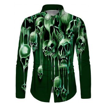 

Liquid Skull Print Button Up Long Sleeve Shirt, Deep green