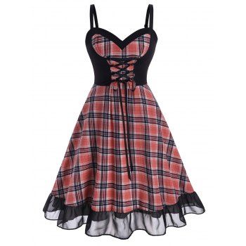 Image of Plus Size Plaid Lace-up Flounce Hem Sleeveless Dress