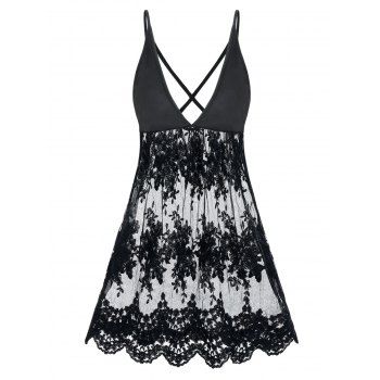 

Sexy Lace Insert Scalloped Hem Babydoll Dress, Black