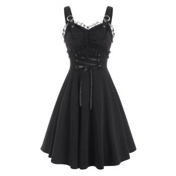 

Sleeveless Lace Panel Lace-up Flare Dress, Black