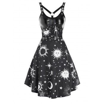 

Sun Star Moon Print Harness Leather Insert Cami A Line Dress, Multicolor a