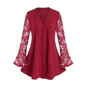 

Plus Size Lace Bell Sleeve Pintuck Round Hem Blouse, Red wine