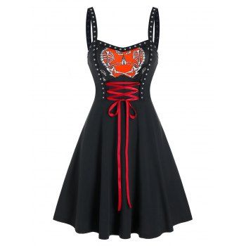 

Gothic Heart Print Lace Up Rivet Dress, Black