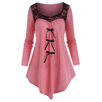 

Lace Insert Casual Bowknot T Shirt, Pink