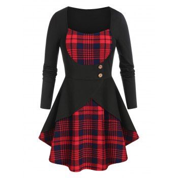 

Plus Size Plaid Overlap Long Sleeve Skirted Tee, Deep blue
