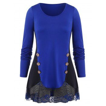 

Plus Size Colorblock Lace Insert T Shirt, Blueberry blue