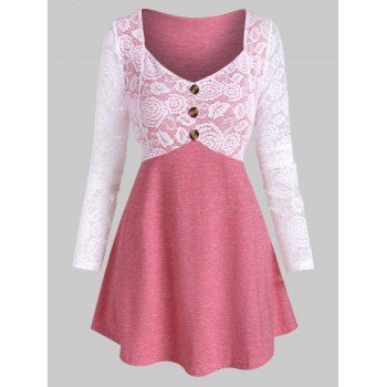 

Plus Size Lace Insert Sweetheart Neck T Shirt, Light pink