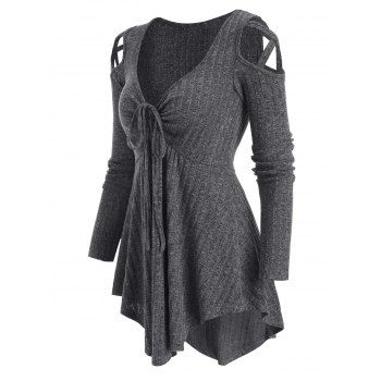 

Cold Shoulder Front Drawstring Ribbed Asymmetrical Knitwear, Dark gray