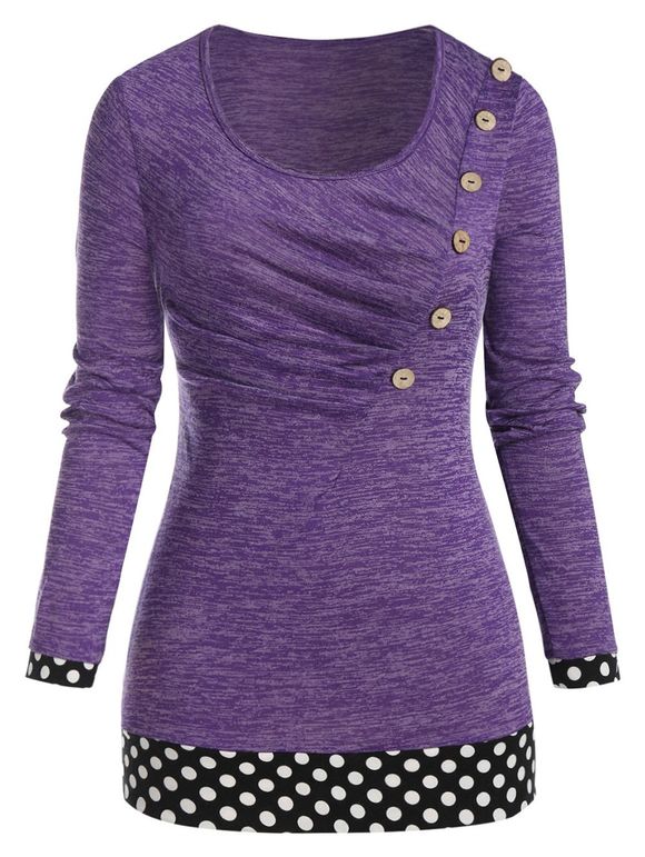 T-shirt Tunique Teinté Plissé à Pois de Grande Taille - Violet Améthyste 5X