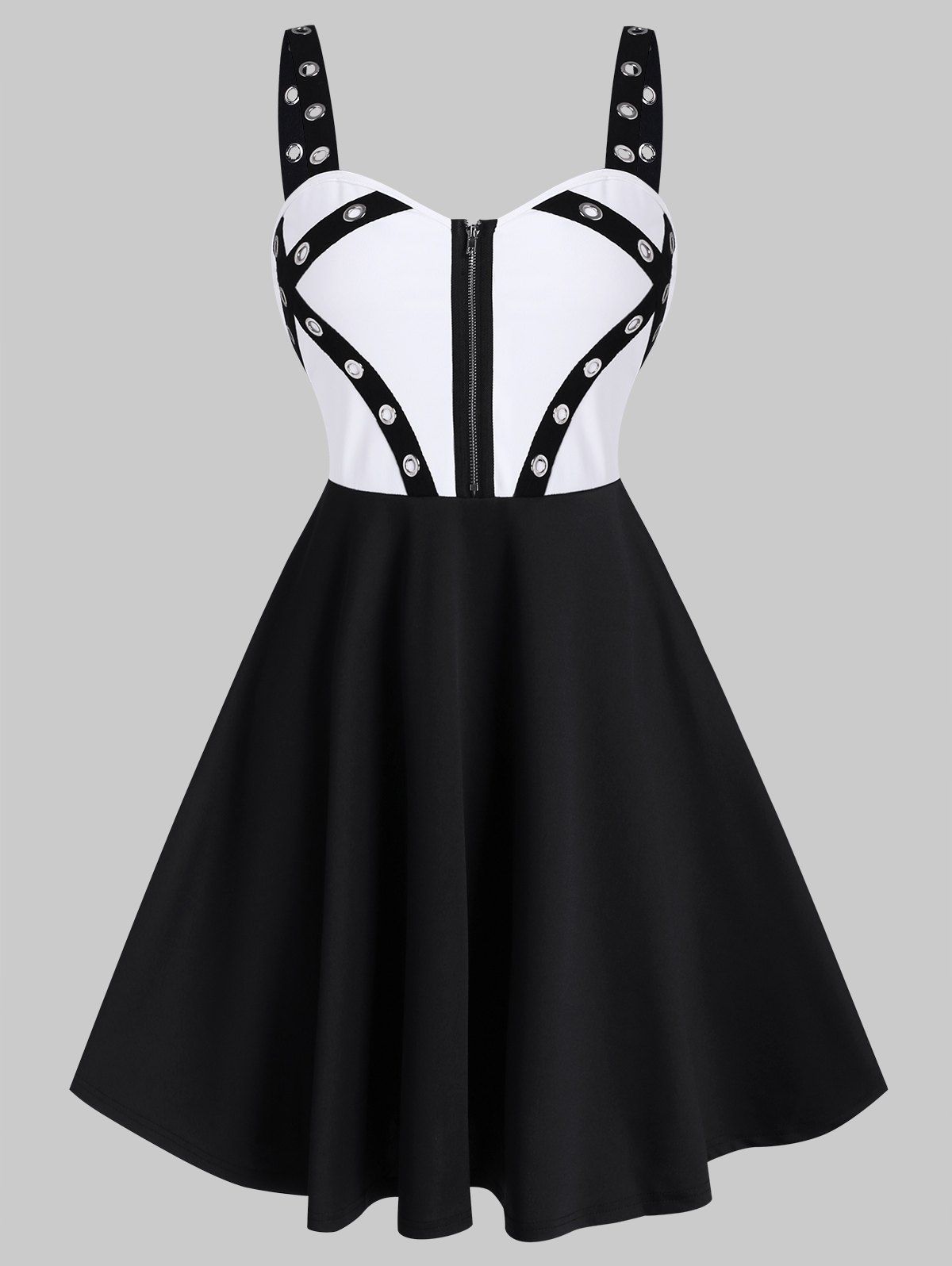 Two Tone Grommet Zipper Flare Mini Dress - BLACK 3XL