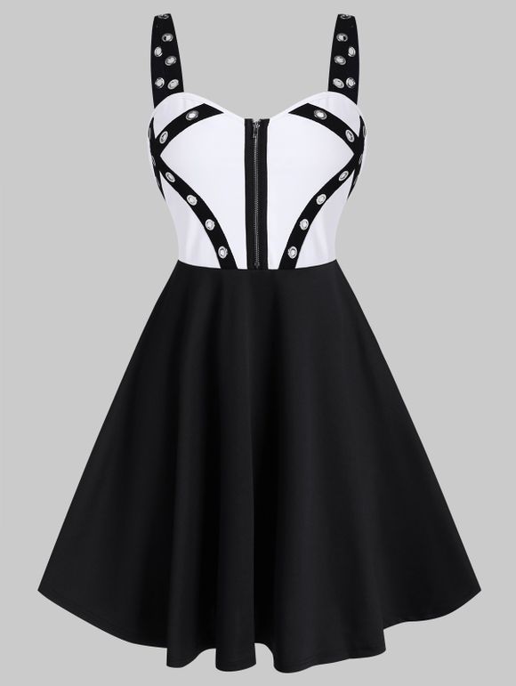 Mini Robe Evasée Zippée Bicolore avec Œillet - Noir 3XL
