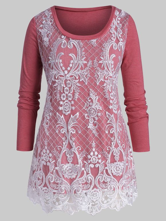 T-shirt Superposé Brodé Fleur en Maille de Grande Taille - Rouge Cerise 3X