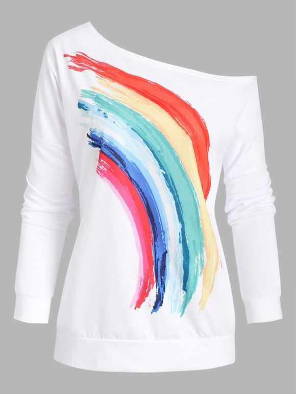 Sweat-shirt Arc-en-ciel Imprimé à Col Oblique - Blanc S
