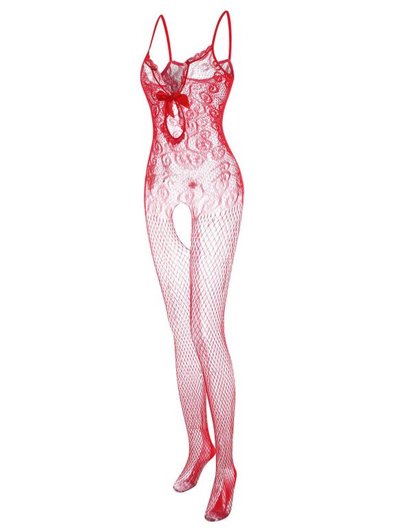 Nuisette à Bretelle en Dentelle en Résille Insérée de Grande Taille avec Nœud Papillon - Rouge ONE SIZE