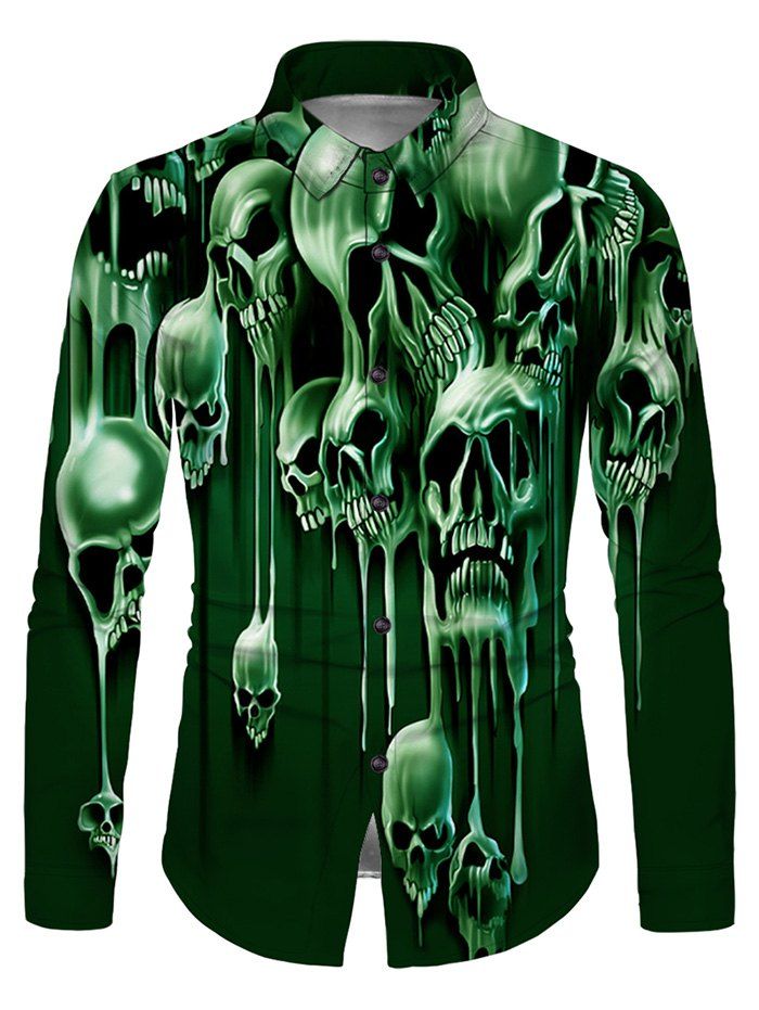 [31% OFF] 2020 Liquid Skull Print Button Up Long Sleeve Shirt In DEEP ...