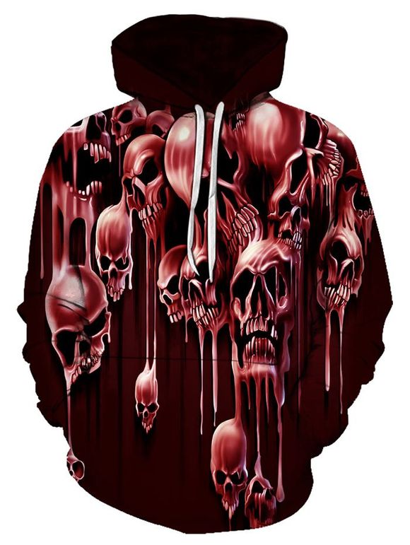 Sweat à Capuche d'Halloween Motif de Crâne Liquide avec Poche en Avant à Cordon - Rouge Vineux XL