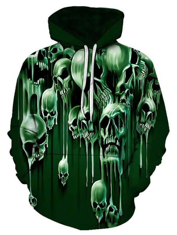 Sweat à Capuche d'Halloween Motif de Crâne Liquide avec Poche en Avant à Cordon - Vert profond 3XL