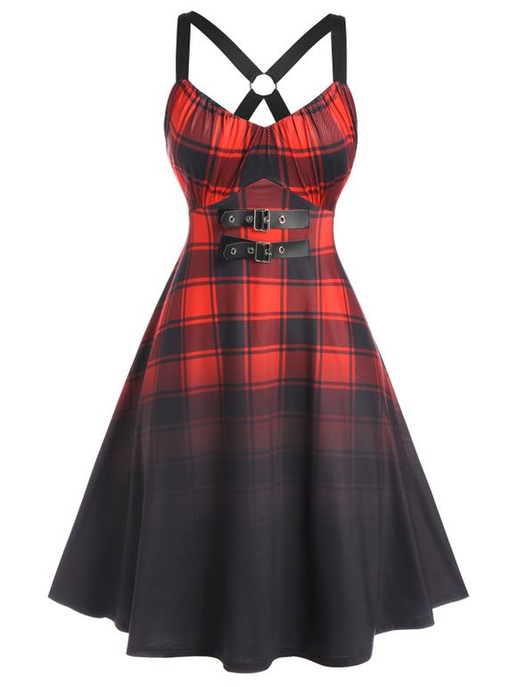 Robe Ligne A à Carreaux Croisée Au Dos de Grande Taille à Volants - Noir 5X