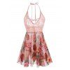 Maillot de Corps Fleuri en Dentelle Insérée de Grande Taille à Col Halter - Rose clair L