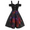 Cold Shoulder Feather Bohemian A Line Dress Ruched Mock Button Gothic Flare Dress - BLACK XL