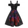 Robe Evasée Bohémienne Motif de Plume à Epaule Dénudée à Volants en Ligne A - Noir 3XL