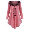 T-shirt Décontracté en Dentelle Insérée avec Nœud Papillon - Rose 3XL