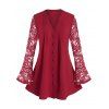 Blouse à Ourlet en Dentelle de Grande Taille à Manches de Cloche - Rouge Vineux 3X