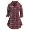 Chemise Tunique à Carreaux Manches Roulées de Grande Taille - Rouge Vineux 5X