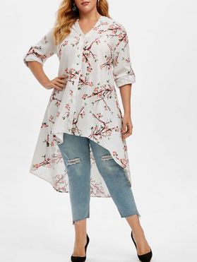 Plus Size Peach Blossom Print Roll Up Sleeve High Low Top