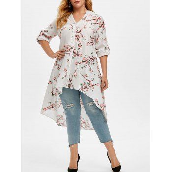 

Plus Size Peach Blossom Print Roll Up Sleeve High Low Top, White