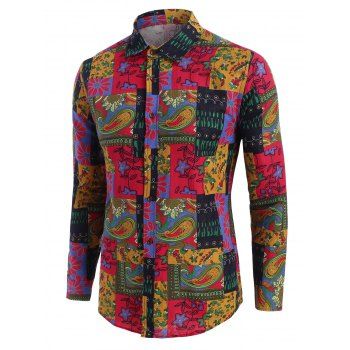 

Paisley Floral Pattern Block Casual Long Sleeve Shirt, Multicolor