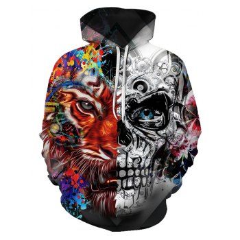 

Two Face Tiger Pattern Front Pocket Pullover Hoodie, Multicolor