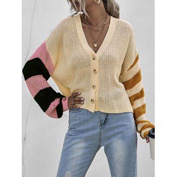 

Striped Color Blocking Drop Shoulder Cardigan, Light yellow