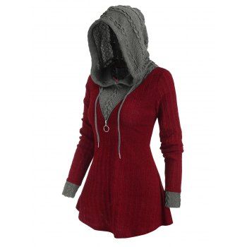 

Two Tone Hooded Zip Embellished Sweater, Red