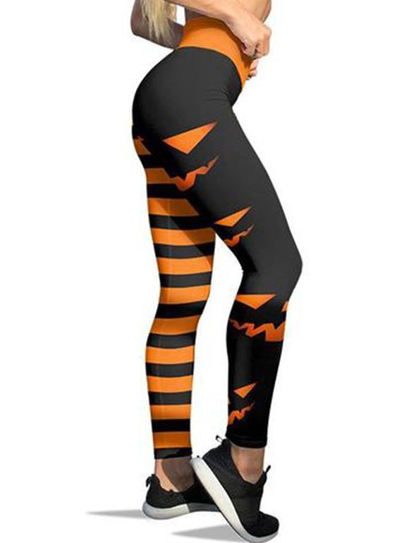 Legging d'Halloween Néon Rayé Citrouille Amusante - Orange XL