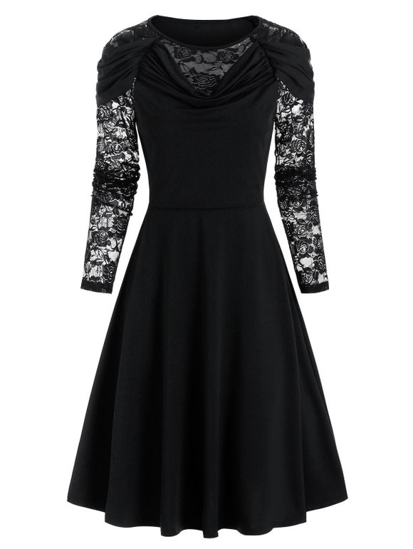 Robe Drapée Fleur en Dentelle Insérée à Manches Longues - Noir 2XL