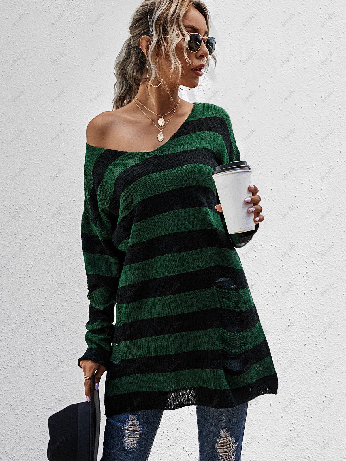 stripe ripped detail sweater