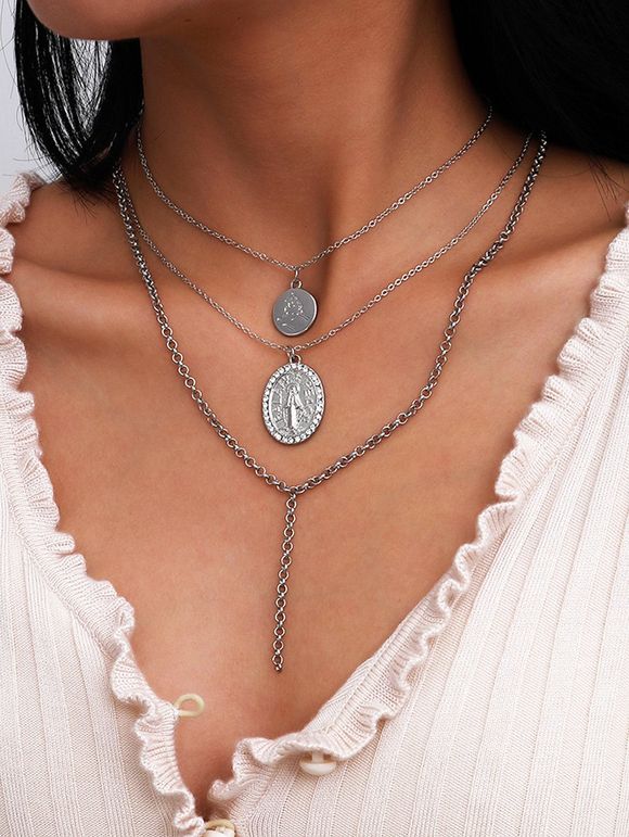 Collier Superposé Rond Gravées avec Strass - Argent 