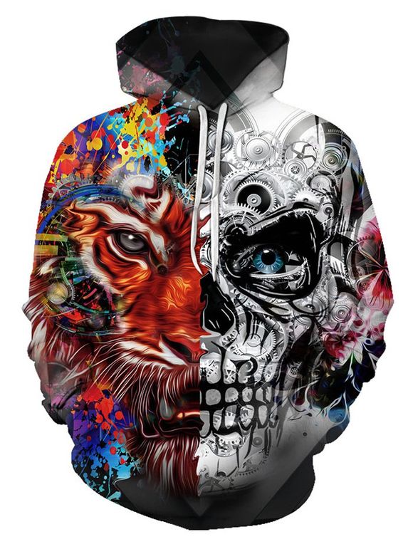 Two Face Tiger Pattern Front Pocket Pullover Hoodie - multicolor M