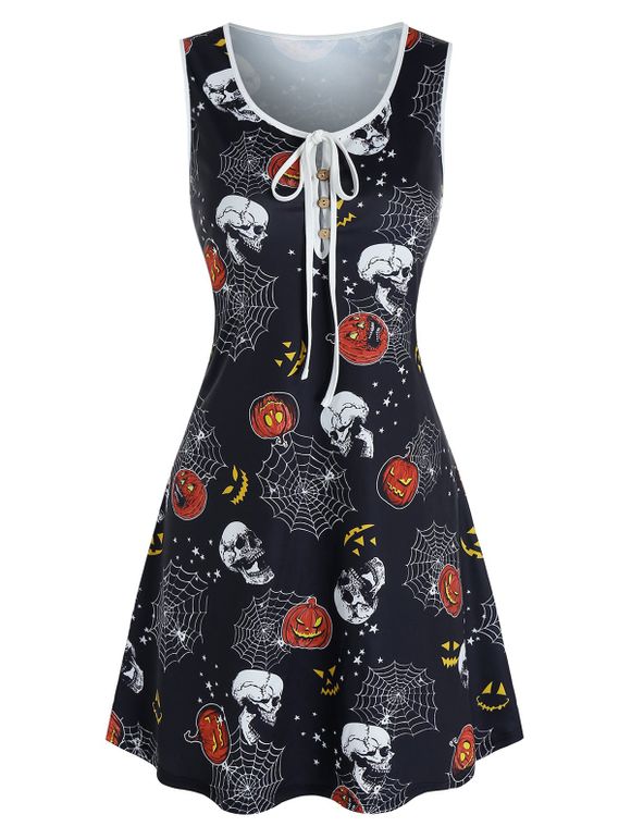 Robe d'Halloween Noué à Imprimé Crâne et Citrouille sans Manches - Noir 3XL